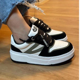 TENIS 223-002 OFF WHITE, PRETO E VERDE MILITAR CADARÇO COURO VIA MARTE